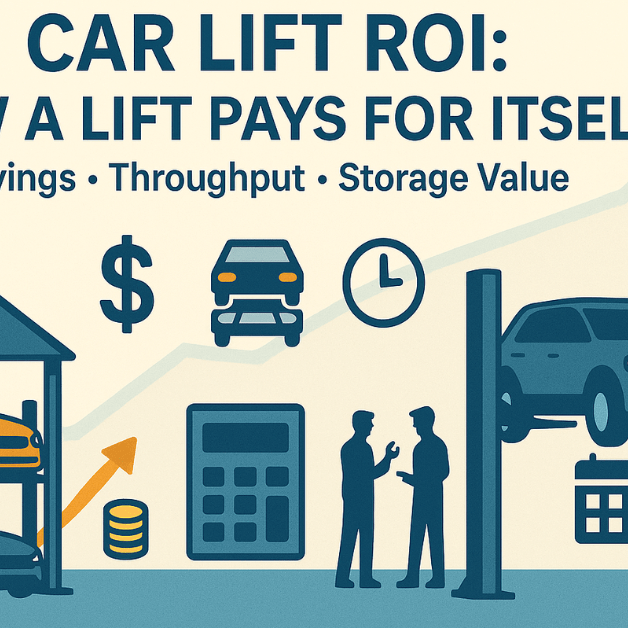 Car lift ROI how a lift pays for itself—visual of stacked parking, a service lift, calculator, coins, and growth arrow.