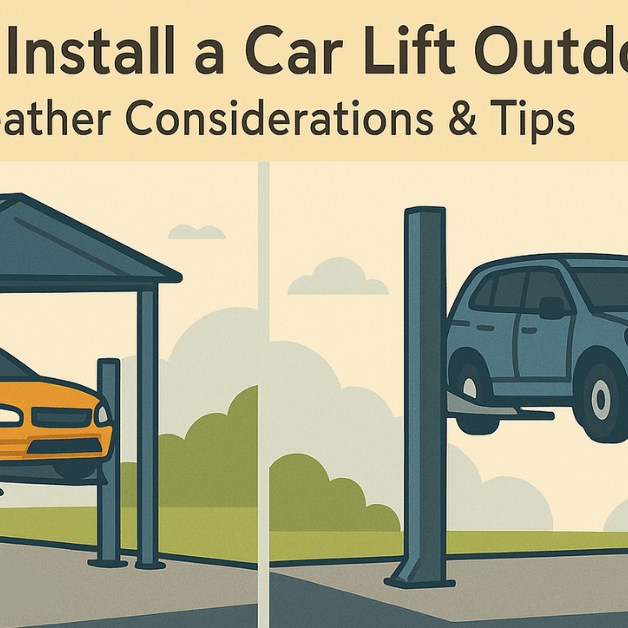 Install a car lift outdoors — weather considerations & tips with side-by-side scenes of a roofed 4-post and an exposed 2-post lift.