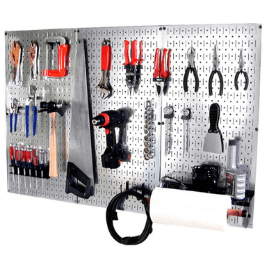 4 ft Metal Pegboard Basic Tool Organizer Kit with tools attached front right side view