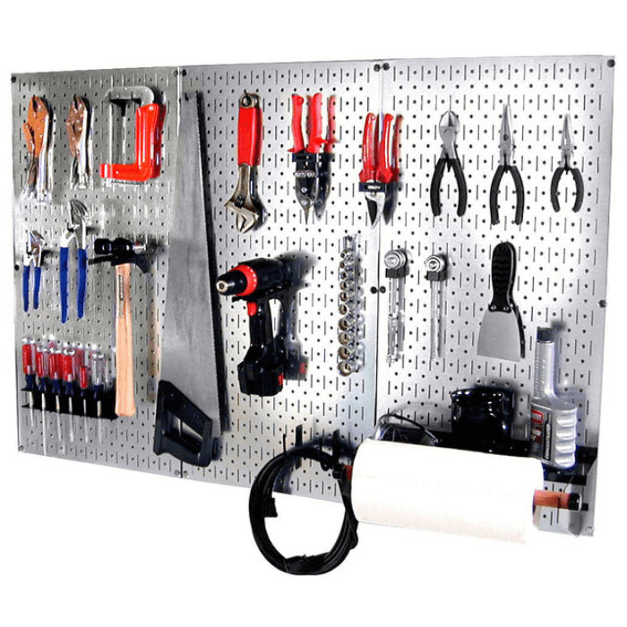 4 ft Metal Pegboard Basic Tool Organizer Kit with tools attached front right side view