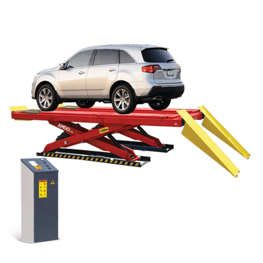 AMGO 12,000 lb Alignment Scissor Lift AX-12A with SUV raised on red runways and yellow ramps