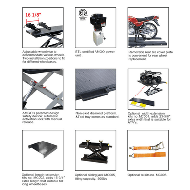 AMGO MC-1200 lift features including wheel vise, safety lock, and optional ATV extensions