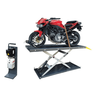 AMGO MC-1200 motorcycle lift raising a red sport bike for maintenance