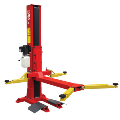 AMGO SL-7 single post car lift with 7,000 lb capacity and yellow adjustable arms