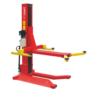 AMGO SML-7 portable single post car lift with 7,000 lb capacity and yellow arms