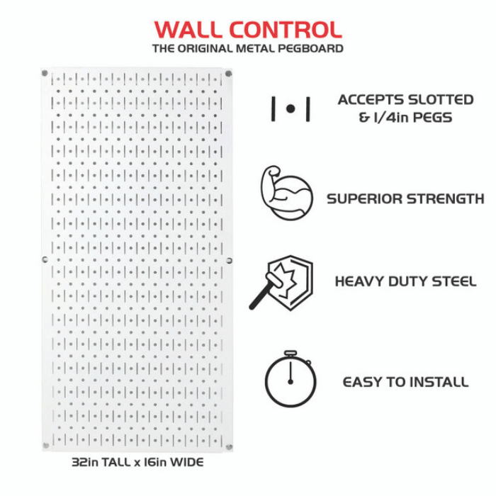 A diagram of the Signature Series Textured Pegboard Panel by Wall Control with 4 key features to the right