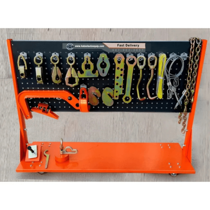 Accessory kit for Katool KT-198L Auto Body Frame Machine – includes hooks, chains, clamps, and pulling tools on mobile pegboard rack