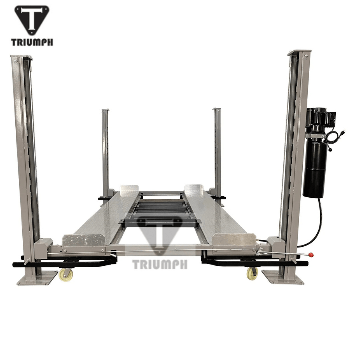 Angled rear view of Triumph’s Classic 8,000 lb Four Post Vehicle Lift – Shorter Length (NSS-8 Classic), featuring four sturdy steel columns, diamond-plate runways, and a side-mounted hydraulic power unit for efficient lifting.