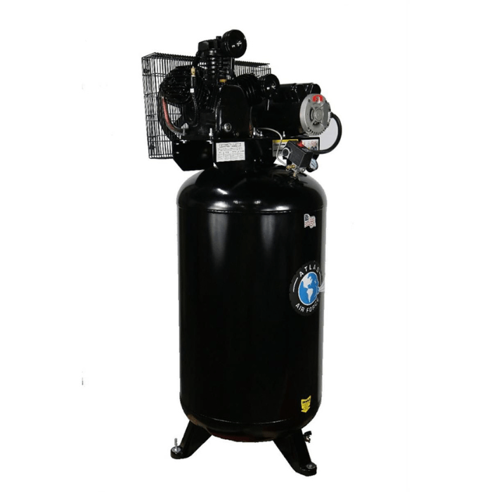 Angled side view of the Atlas AF6 5HP Air Compressor featuring an 80-gallon vertical tank, belt guard, and dual-cylinder pump assembly.