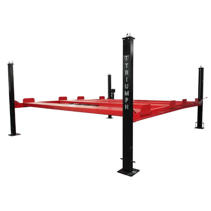 Angled side view of the Triumph NSS9000 Four-Post Double Parking Vehicle Lift with black columns and red runways.