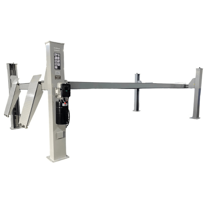 Angled side view of the Triumph NTR-24 Vehicle Lift showcasing tall steel columns, a heavy-duty hydraulic unit, and extended diamond-plate runways for high-capacity lifting.