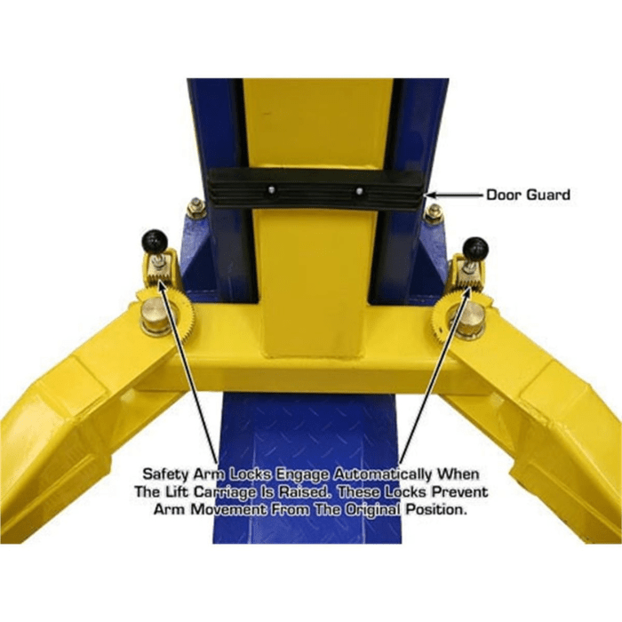 Atlas 9KBPX 9000lb Baseplate Two-Post Lift top-down view of lift carriage with safety arm locks and door guard clearly labeled