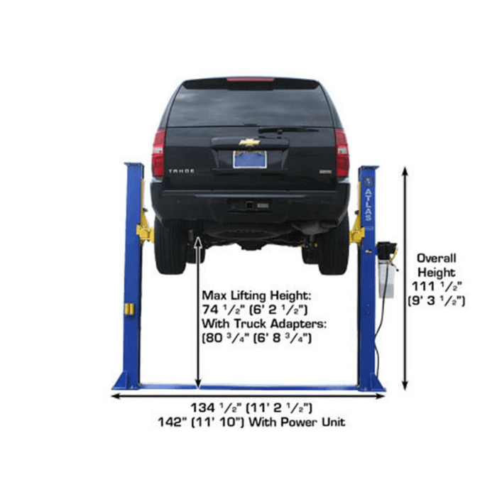 Atlas 9KBPX Baseplate Two-Post Car Lift raising a Chevy SUV with labeled lifting height and overall width dimensions