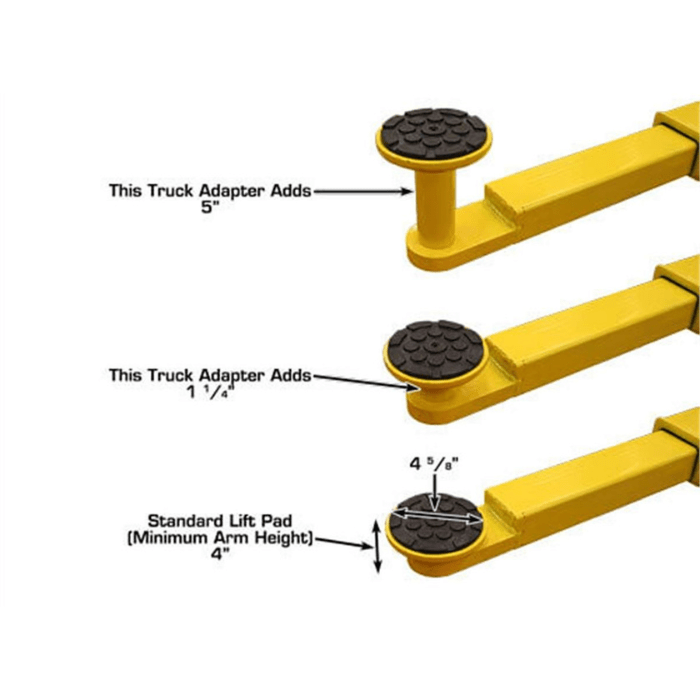 Atlas 9KBPX Baseplate Two-Post Car Lift truck adapter height options shown with standard lift pad and labeled extension measurements