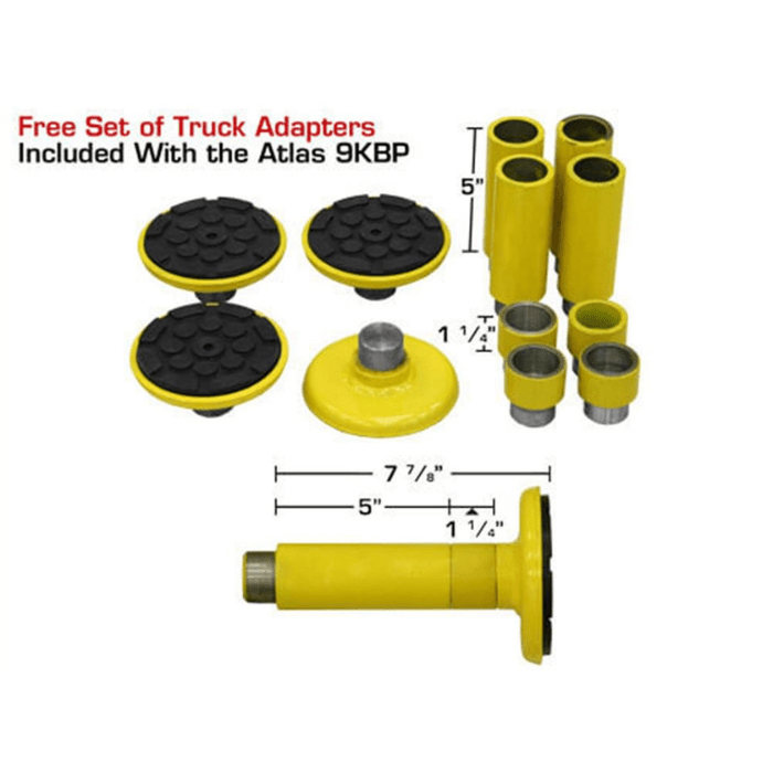 Atlas 9KBPX Baseplate Two-Post Car Lift truck adapter set included with lift, featuring various height options and pad sizes with dimensions