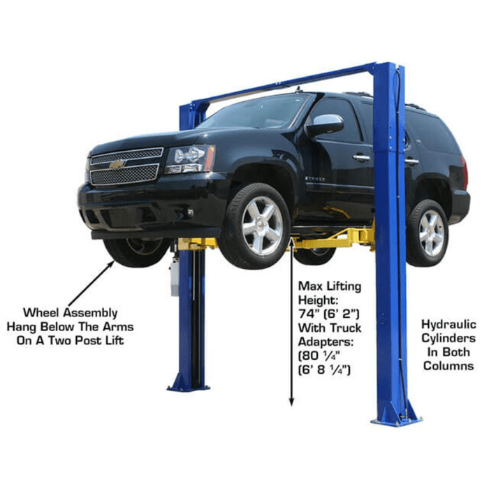 Atlas 9KOHX 9000lb Overhead Two-Post Lift elevating an SUV with labeled max height and visible hydraulic columns