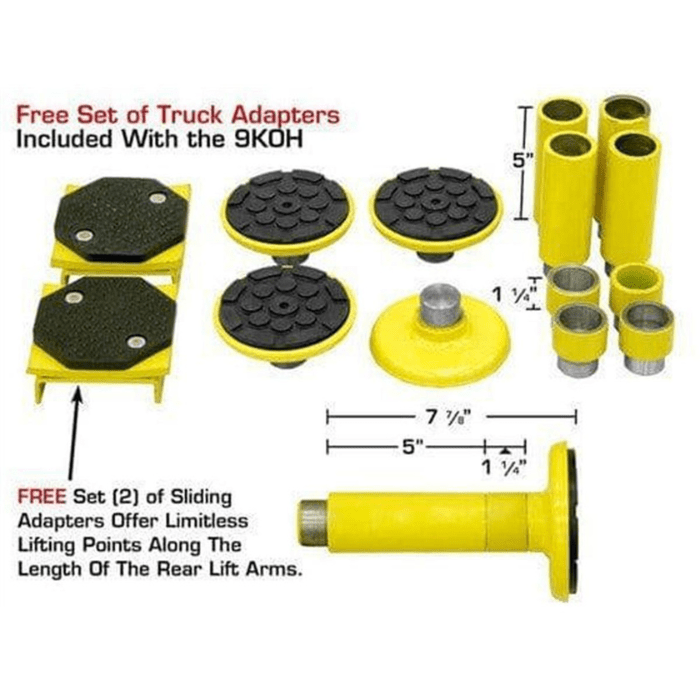 Atlas 9KOHX 9000lb Overhead Two-Post Lift truck adapters and sliding lift pads set with labeled dimensions and components included