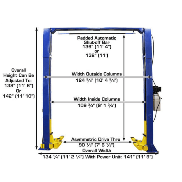 Atlas 9KOHX 9000lb Overhead Two-Post Lift with labeled dimensions including overall height, drive-thru width, and inside column spacing