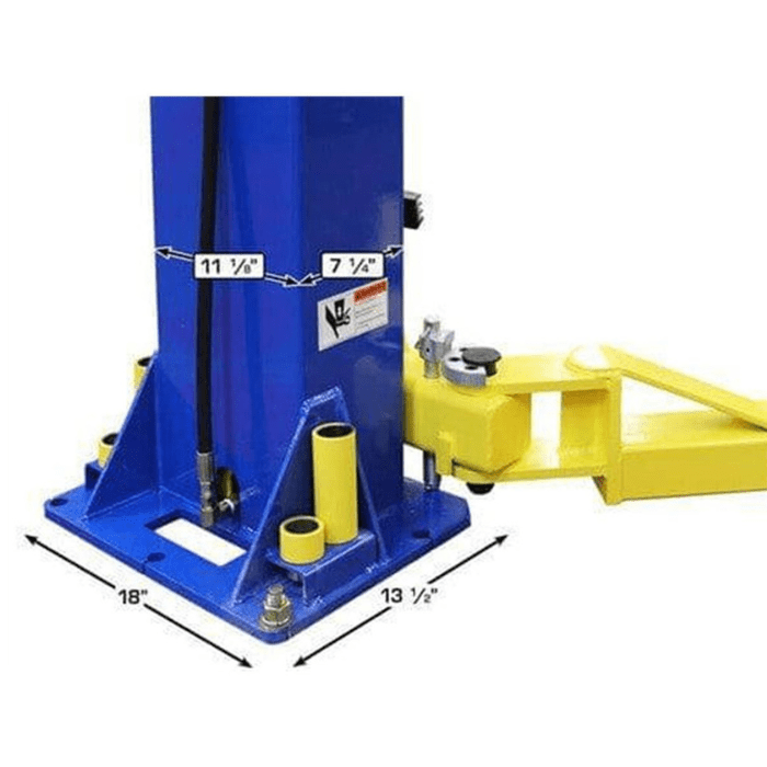 Atlas 9KOHX Overhead Two-Post Car Lift baseplate and column dimensions with mounted truck adapter holders and arm connection detail