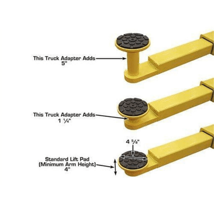 Atlas 9KOHX Overhead Two-Post Car Lift truck adapter height options including 5, 1 ¼, and standard 4 lift pad