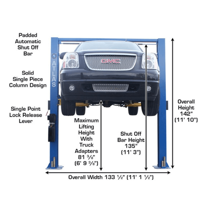Atlas 9OHSC-SS 9000lb Overhead Two-Post Lift raising a GMC SUV with visible shut off bar height and overall dimensions labeled