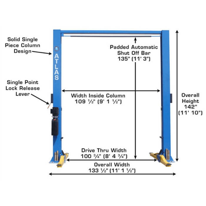 Atlas 9OHSC-SS Auto Lift front view with labeled dimensions including overall height, drive-thru width, and inside column width