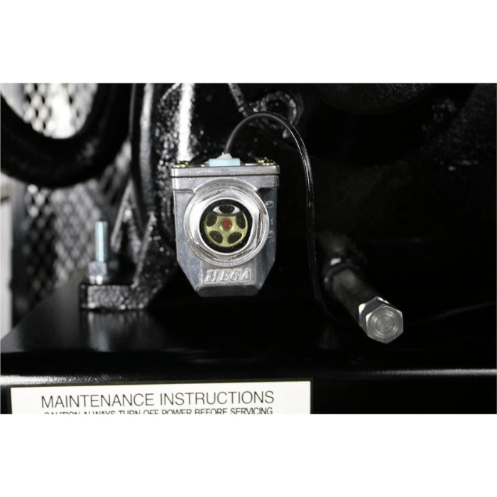 Atlas AF10 10HP Air Compressor – Close-up of Hega oil level sensor mounted near the compressor pump.