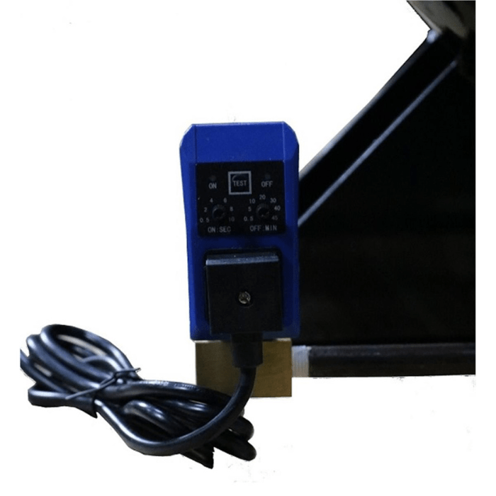 Atlas AF10 10HP Air Compressor – Close-up of electronic automatic water drain valve with adjustable timer settings.