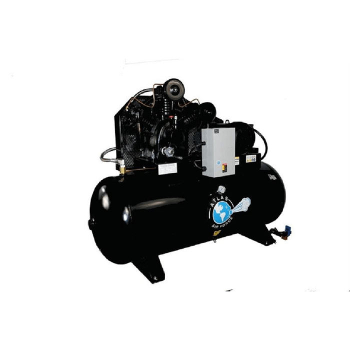 Atlas AF10 120-Gallon 10HP Air Compressor (3 Phase) featuring a horizontal tank and mounted magnetic starter.