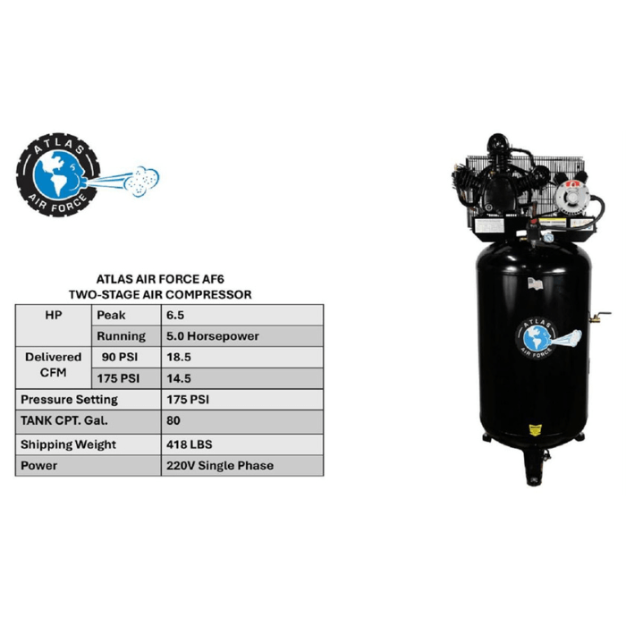 Atlas AF6 Air Compressor with 80-gallon vertical tank, 5HP motor, and two-stage system, displayed alongside full technical specifications.