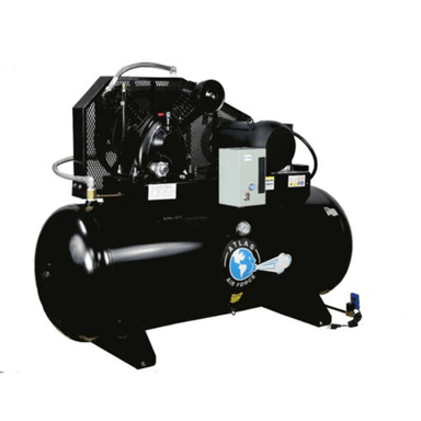 Atlas AF9P 120-Gallon Air Compressor – 7.5HP two-stage unit with Plus Package, featuring magnetic starter, aftercooler, and low oil shut-off system.