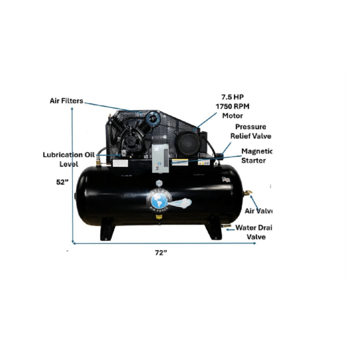 Atlas AF9 7.5HP 120-Gallon Air Compressor – Diagrammed front view showing labeled motor, pressure relief valve, air valve, and water drain valve.