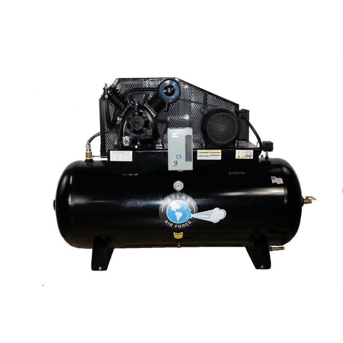 Atlas AF9 7.5HP 120-Gallon Air Compressor – Horizontal two-stage unit with steel safety cage, electric motor, and pressure gauge on front panel.