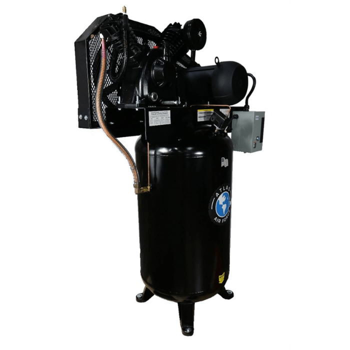 Atlas AF9 7.5HP 80-Gallon Air Compressor – Vertical Tank with Enclosed Belt Guard, Magnetic Starter, and High-Capacity 2-Stage Pump.