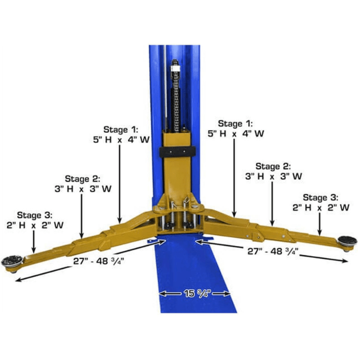 Atlas ALI Certified PVL9BP Baseplate Two-Post Car Lift showing telescoping 3-stage arms with labeled dimensions for each extension stage and clearance width between columns.