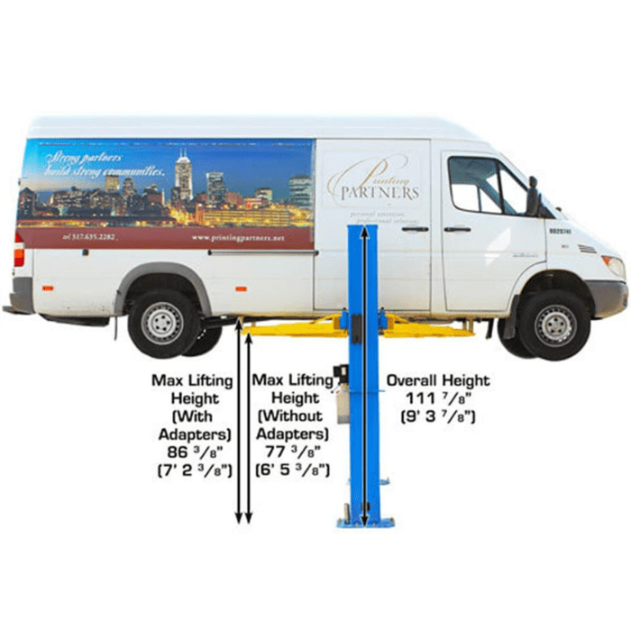 Atlas BP10000X 10000lb Baseplate Two Post Lift raising a commercial van, with annotated lift height ranges and full column height shown