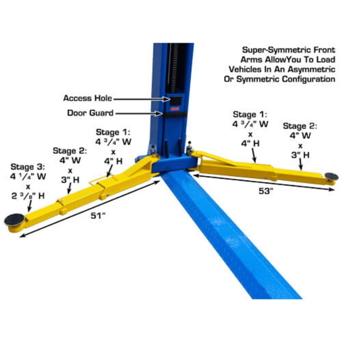 Atlas BP10000X 10000lb Baseplate Two Post Lift with close-up of asymmetric and symmetric super-symmetric arm specs, full extension width, and column access details