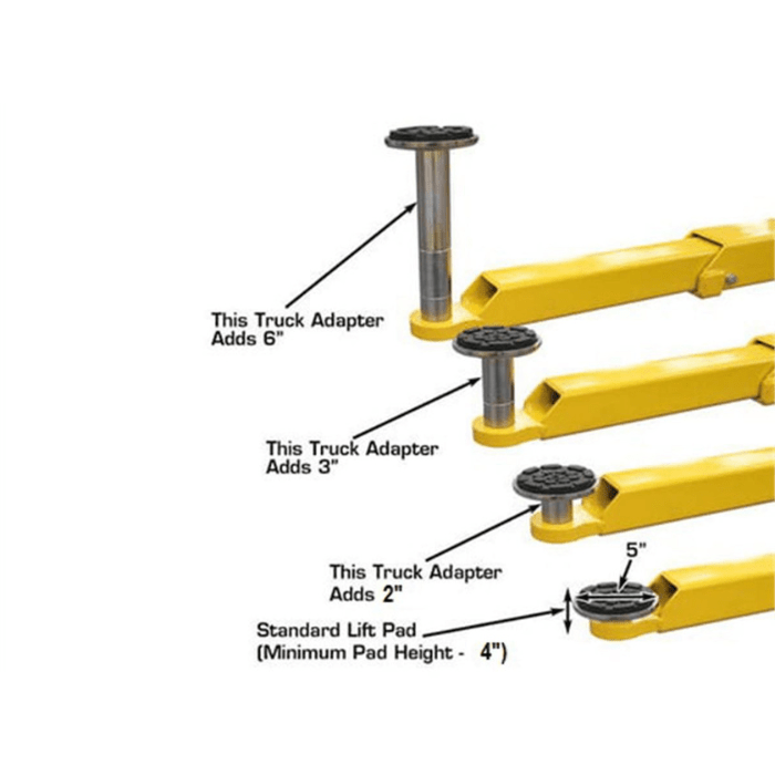 Atlas BP10000X 10000lb Baseplate Two Post Lift with truck adapters and lift pads shown at different height extensions from 2 to 6 inches