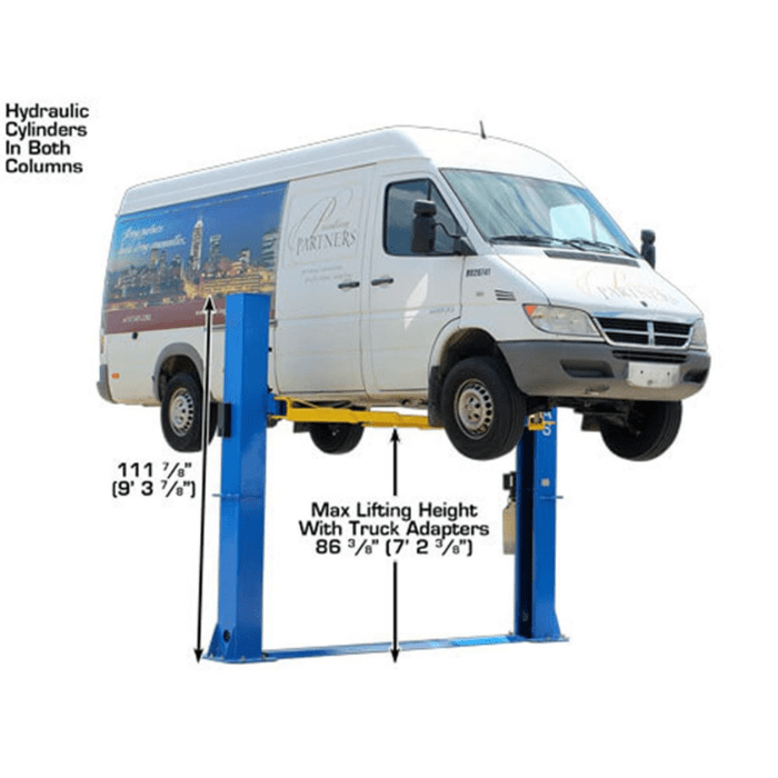 Atlas BP10000X 10000lb Commercial Grade Baseplate Two Post Lift with van raised, showing max lift height and hydraulic dual cylinder design