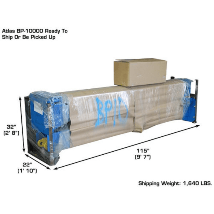 Atlas BP10000X lift shown fully packaged for freight shipment or warehouse pickup, with labeled dimensions and shipping weight displayed.
