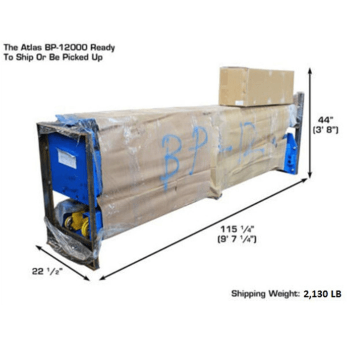 Atlas BP12000X 12,000 lb two-post lift shown fully packaged and palletized for shipment or warehouse pickup, with labeled dimensions and total freight weight.