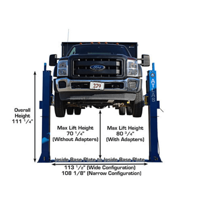 Atlas BP12000X shown lifting a heavy-duty truck, with both maximum lifting heights and baseplate width options labeled for wide and narrow setups.