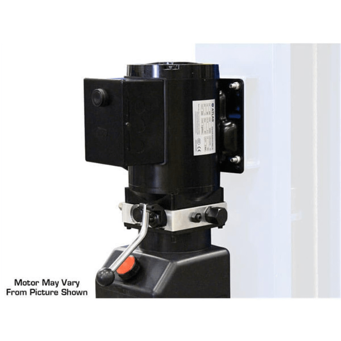 Atlas BP8000 8000lb Baseplate Two-Post Lift electric motor and hydraulic pump assembly close-up