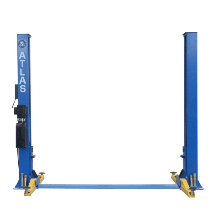 Atlas BP8000 8000lb Baseplate Two-Post Lift full front view with yellow lift arms and blue twin columns