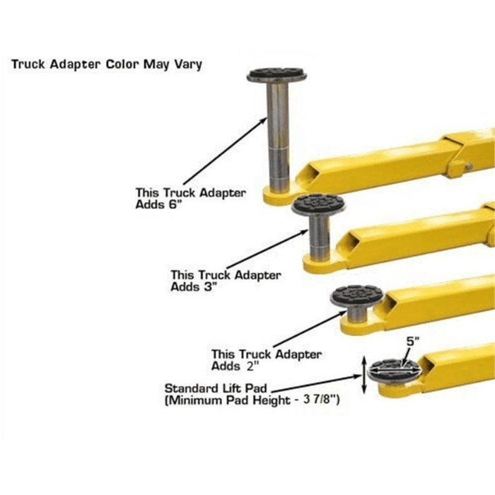 Atlas BP8000 Auto Lift truck adapters with varying lift heights including 2, 3, 6, and standard lift pad options