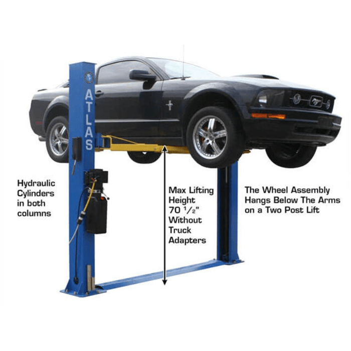 Atlas BP8000 BasePlate Two-Post Car Lift lifting a Ford Mustang with labeled max height and hydraulic cylinder details