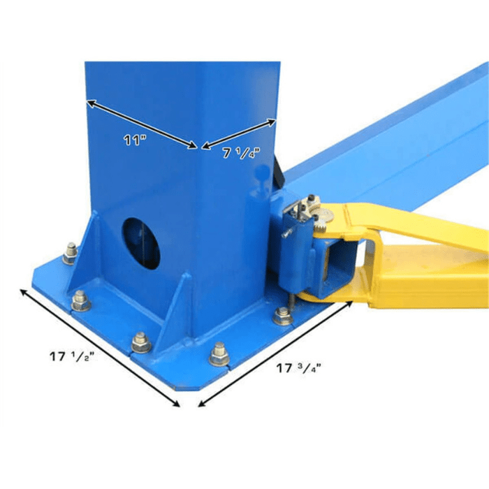 Atlas Baseplate 2-Post Lift – 8,000 lb. Capacity (BP8000) baseplate dimensions with yellow lift arm and blue column detail