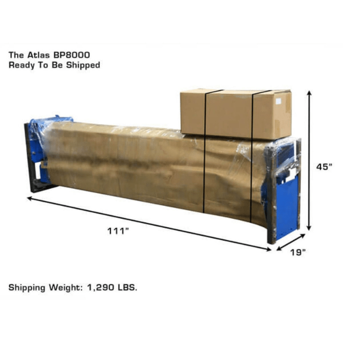 Atlas Baseplate 2-Post Lift – 8,000 lb. Capacity (BP8000) packaged for shipping with labeled dimensions and 1,290 lb. total weight