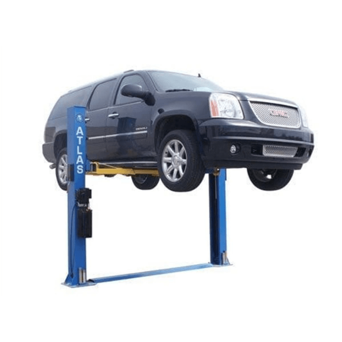 Atlas Baseplate 2-Post Lift – 8,000 lb. Capacity (BP8000) shown lifting a full-size SUV off the ground for maintenance