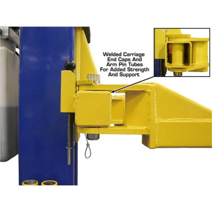 Atlas Baseplate 2-Post Lift – 9000 lb. Capacity (9KBPX) close-up of welded carriage end caps and arm pin tubes for reinforced durability and support